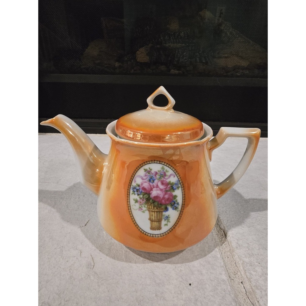 VTG Eleanor of Germany Burnt Orange Lusterware Teapot Porcelain‎ Floral Basket